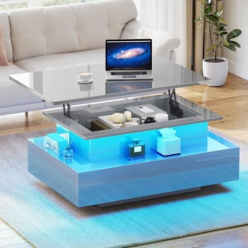 Image of YITAHOME Coffee Table High Glossy with LED Strip, Lift Top Coffee Table with Storage for Living Room,Modern Wooden Rectangle Tea Table with 2 Drawers