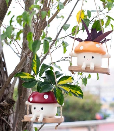 Image of 2pcs Mushroom Smily Swing Face Planter Pot, Cute Hanging Resin Flower Head Planter for Indoor Outdoor Plants,Gift IdeaI for Mother,Father and Appreciation Christmas with Drainage Hole (Red&Yellow)