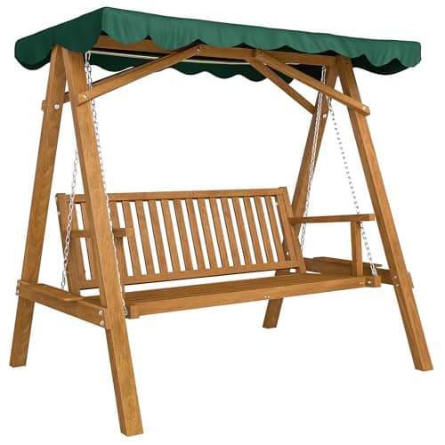 Image of Outsunny 3 Seater Garden Swing Seat with Canopy, Wooden Swing Chair, Outdoor Hammock Bench for Balcony Patio Porch, Green