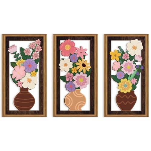 Image of ANHUIB 3 Pcs Boho Flower Wall Decor Boho Flower Wood Wall Art Bohemian Floral Artwork Wooden Pink Wildflower Wood Art Set Flowers Potted Plant Bohemian Artwork for Living Room Bedroom Office 20x40cm