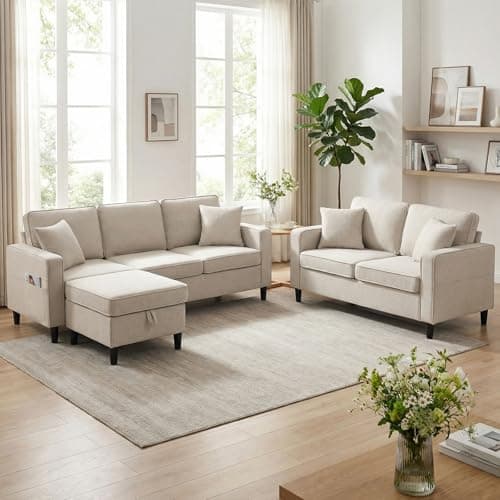 Image of CECER 2-Piece Living Room Sofa Set, Modern L-Shaped Sectional Sofa with Ottoman and Matching Loveseat, Linen Fabric 3-Seater Couch & 2-Seater Suite, Beige