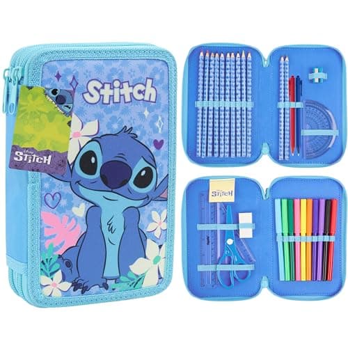 Image of Disney Stitch Pencil Case for Girls Filled with School Supplies, Large Capacity Frozen Colouring Stationery Set for Kids Tweens, Gifts for Girls (Blue Stitch 2 Compartment)
