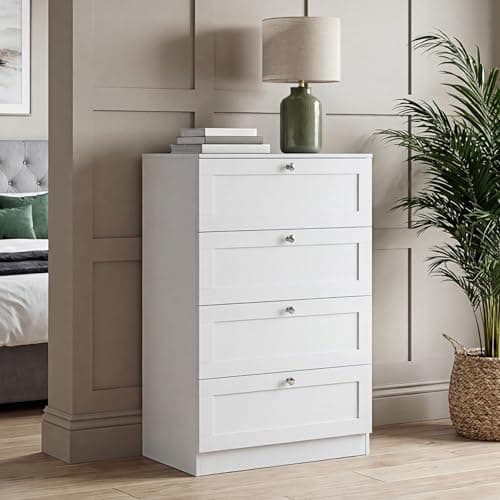 Image of Vida Designs Altino 4 Drawer Chest of Drawers | White | H 99 x W 65 x D 36 cm | Bedroom Storage Unit | Easy Assembly | Clothes Storage Cabinet | Modern Shaker Style Hallway or Guest Room