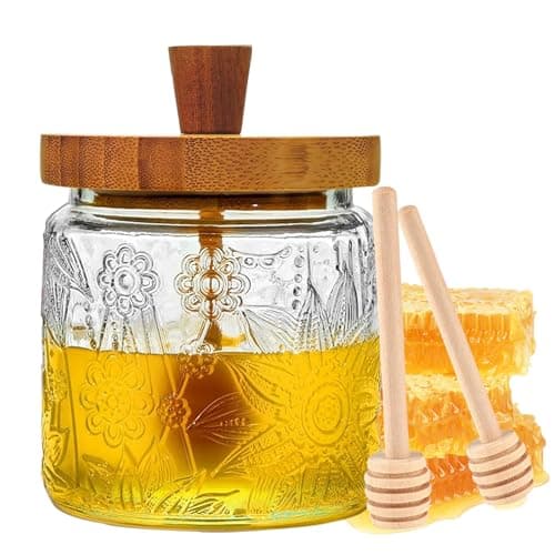 Image of 16.9oz Glass Honey Pot Clear Airtight Jar with Dipper and Lid,Honey Dispenser for Home, Honey Jar with 2 Sticks,Vintage Honey Storage Container,Jam Jar Container,Syrup Container for Home Kitchen