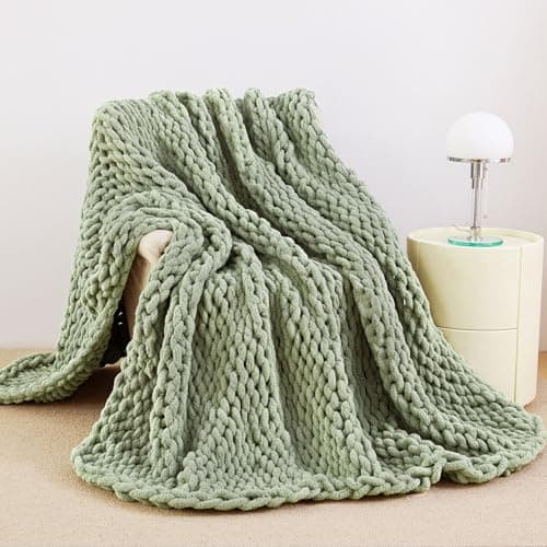 Image of Admitrack Chunky Knit Blanket Throw, 100% Hand Knit Chenille Throw Blanket for Sofa & Home Decor, Soft and Cozy Knitted Throw Blankets (Sage Green,40"x50")