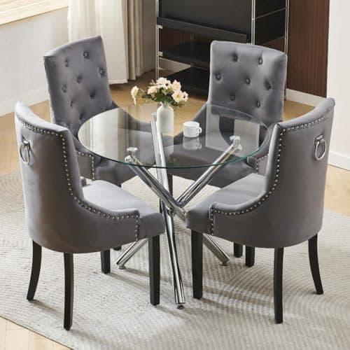 Image of Homullel Round Dining Table and 4 Chairs, 4 Seater Table and Chairs Set for 4, Compact Kitchen Dining Room Set for Space Saving, Glass Tabletop 90 cm (Knocker Dark Grey, 4 Seaters)