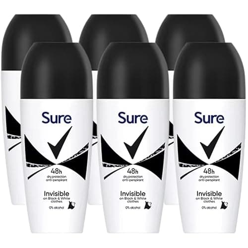 Image of Sure Invisible Anti-Perspirant Roll-On Women's Deodorant, 48h Protection, No White Marks or Yellow Stains, 0% Alcohol, 50ml, Pack of 6