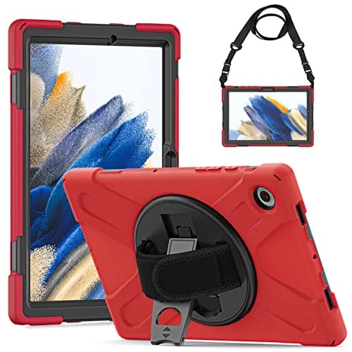 Image of Gerutek Cover for Samsung Tab A8 Case 10.5 inch Shockproof Heavy duty Case with 360° Rotating Stand/Hand & Shoulder Strap Bumper Hard Strong Cover for Samsung Galaxy A8 tablet, Red