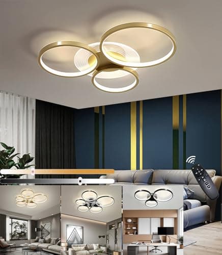 Image of JINGKER Ceiling Lights,Modern LED 5 Ring Ceiling Lamp 111W 11,100lm Flush Chandeliers Lamp with Remote Control Dimmable 3000-6000K,for Living Room,Bedroom,Dining Room (Gold, Φ55cm)