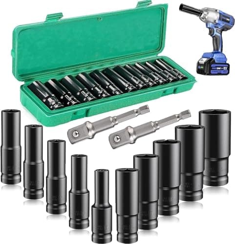 Image of 12 Pcs Deep Impact Socket Set, 8-24 MM Hex Long Socket Set 1/2 Inch Impact Wrench Socket Set Comes with Impact Driver Extension Bar for Home Car Repair