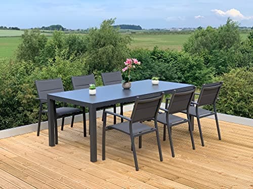 Image of Garden Store Direct GSD Sydney Aluminium Dining Sets w/Textured Glass Table Tops, Paded Weatherproof Textilene Stacking Chairs (Sydney 6 Seat Rectangular Dining Set)