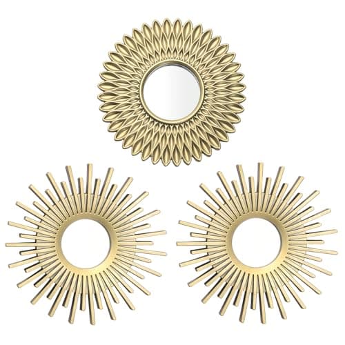 Image of Y.H BLISSHAVEN Set of 3 Decorative Wall-Mounted Mirrors – 1 Sunflower Shape & 2 Sunburst Round Mirrors – Vintage Gold Wall Decor for Living Room, Bedroom, Hallway (Champagne)