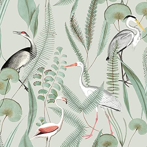 Image of Kivu Wallpaper Birds Tropical Floral Mint Green Natural