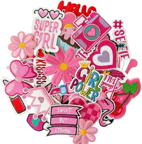Image of AXEN Embroidered Iron on Patches for Girls, Pink Girls Applique for Clothes, Hat, Backpack, Jeans, DIY Accessories, Pack of 30