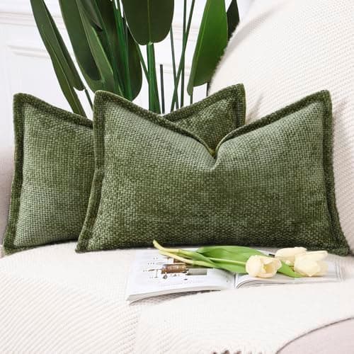 Image of Madizz Set of 2 Chenille Velvet Cushion Covers with Flange Soft Boho Textured Throw Pillow Covers Broadside Pillowcases Modern Farmhouse Home Decor for Sofa Bedroom Moss Green 12x20 inch, 30x50 cm