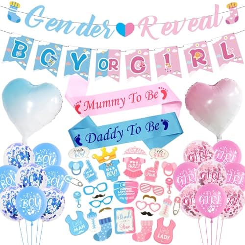 Image of Baby Shower Gender Reveal Decorations - Pink Blue Boy or Girl Banners Decor, Photo Booth Props Sash and Balloons for Boys Girls Baby Gender Reveal Party Supplies