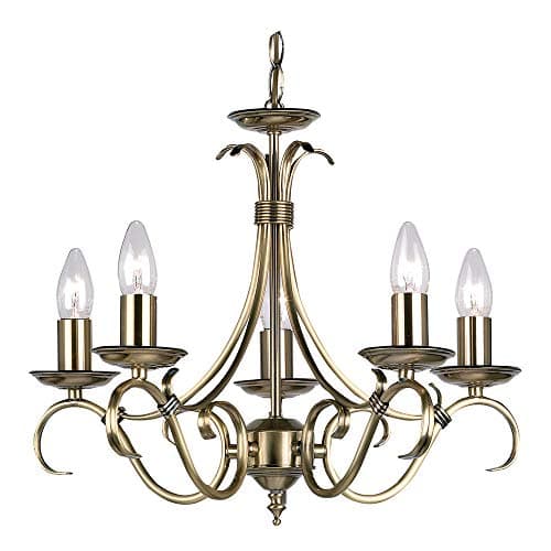 Image of National Lighting Brandon Decorative 5 Way Scrolled Arms Antique Brass Branch Arm E14 LED Compatible Pendant Ceiling Light