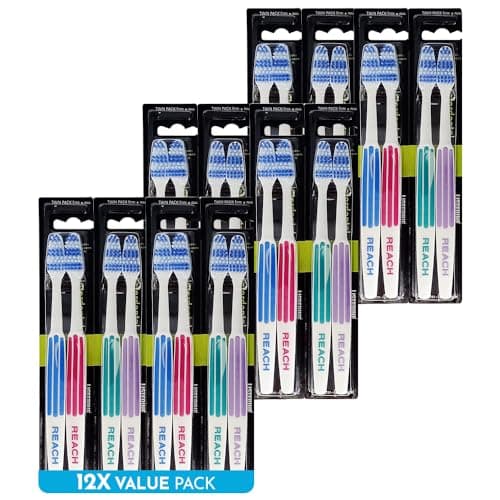 Image of REACH Essential Care Interdental Firm Toothbrush, Duo Pack x 12, Full Head Hard Bristle Manual Toothbrushes, Variety Colors Multipack, Daily Oral Enamel Dental Care