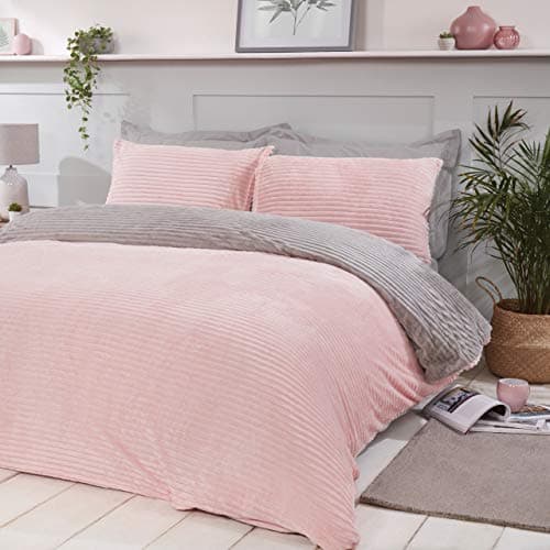 Image of Sleepdown Ribbed Sparkle Glitter Fleece Blush Pink Reversible Soft Duvet Cover Quilt Bedding Set With Pillowcases - King (220cm x 230cm)