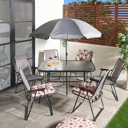 Image of OHS 8 Piece Garden Furniture, Patio Set with Parasol Outdoor 6 Folding Dining Chairs Round Tempered Glass Table Outdoor Furniture Garden Bistro Set Ideal for Dining in the Sun, Grey