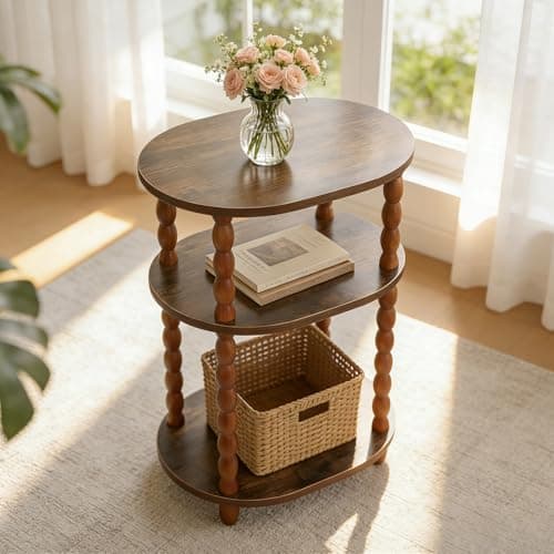 Image of Wooden Side Table,3-Tier Small End Table with Storage Shelf, Vintage Retro furniture Bedside Coffee oval Table Night Stand for Living Room, Bedroom, Office and Small Spaces oak Black (Rustic Walnut)