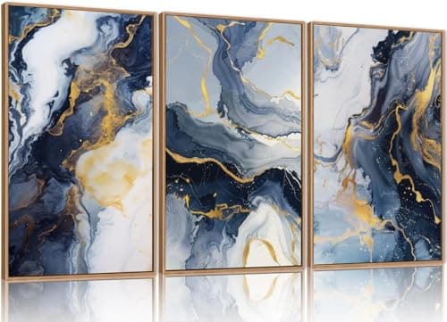 Image of TOARTi Blue Abstract Framed Canvas Wall Art Set,Blue Golden Aesthetic Wall Decor,Navy Blue Gold Wall Painting,Neutral Modern Art Print for Living Room,Bedroom,Dining Room,Office12x16inchx3pcs