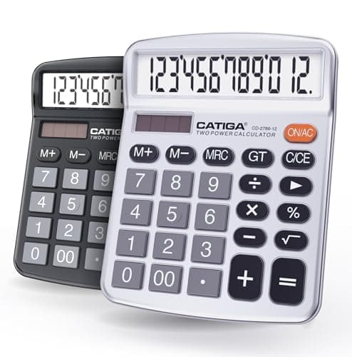 Image of CATIGA Desktop Calculator (2 Pack) 12 Digit with Large LCD Display and Sensitive Button, Solar and Battery Dual Power, Standard Function for Office, Home, School, CD-2786 (Black/Silver)