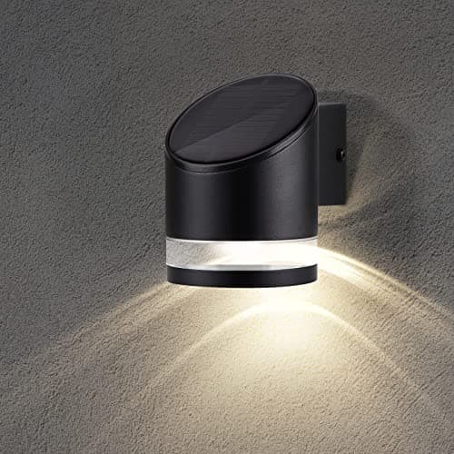 Image of TJCoLUX LED Solar Wall Light Outdoor Aluminum Wireless Wall Sconce IP44 Waterproof Lantern Fixture Dusk to Dawn for Porch, Patio, Fence, Garden, Yard, Warm White 3000K, Black (Style 1)