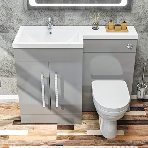 Image of ELEGANT 1100mm L Shape Bathroom Vanity Sink Unit Furniture Storage,Left Hand Matte Grey Vanity unit + Basin + Ceramic D shaped Toilet with Concealed Cistern
