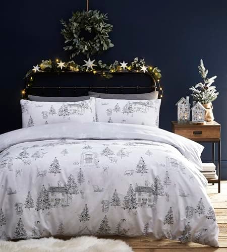 Image of furn. Midwinter Toile Duvet Cover Set - Polycotton Fabric, Picturesque Snow Cottages & Woodland Animals Festive Bedding (White – Super King)