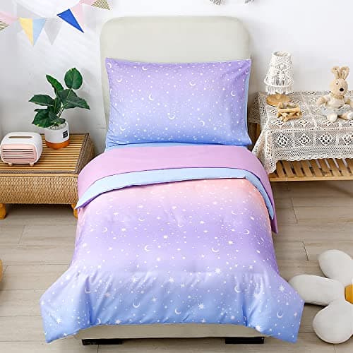 Image of STYHO Toddler Duvet Cover and Pillowcase Set Gradient Purple Pink Kids Children Quilt Cover Colorful Rainbow Stars Moon Pattern Bedding Set for Cot Bed(Pink Purple, Cot Bed)