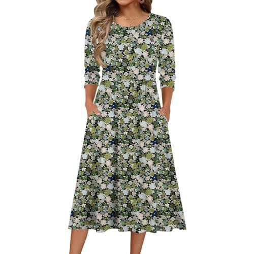 Image of Women’s Floral Print Midi Dress with Three Quarter Sleeves and Crew Neck Casual Fit and Flare Style for Everyday Wear Army Green