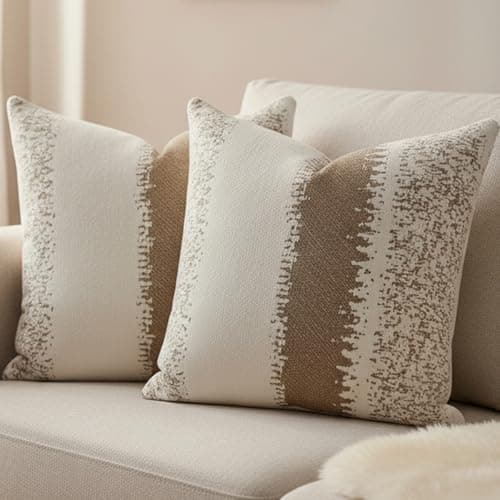 Image of khaki Texture Cushion Cover Camel color white Square Chenille stripes Throw Pillow Case Set Cushion Covers for Living Room Sofa Bed Bedroom Home Decor Couch decoration pillowcase 45x 45cm set of 2