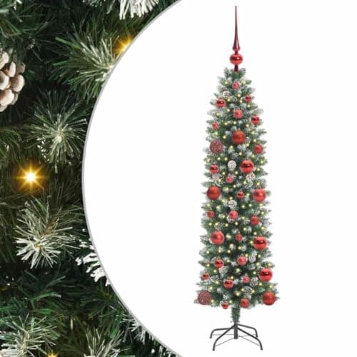 Image of vidaXL Artificial Slim Christmas Tree Green and white 120 cm, Living Room, Traditional Festive Tree, Pre-Lit Christmas Decoration, LED Display, Indoor, Outdoor Holiday Decor