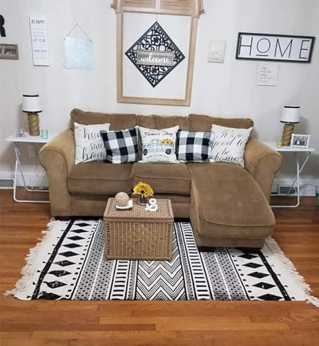 Image of USTIDE 90cmx150cm Hand Woven Rug, Accent Rug for Bedroom, Large Cotton Tassels Boho Area Rug Fringe Rug for Living Room Kitchen Laundry Bathroom Doorway, Black&Cream