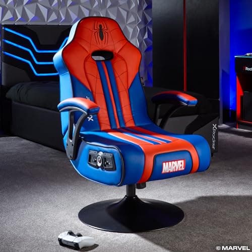 Image of X-Rocker Marvel Spiderman 2.1 Pedestal, Stereo Audio Gaming Chair - Bluetooth Connectivity, Reactive Vibration, Foldable Base, Wipe-Clean Faux Leather for Kids & Teens - Red & Blue - Licensed