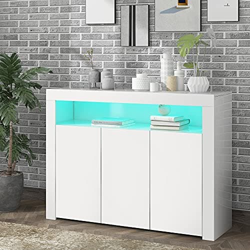 Image of LED Sideboard Cabinet, Modern High Gloss White 3-Door Wood Buffet Cupboard Storage Unit with Remote Control for Kitchen Living Room Dining Room Hallway