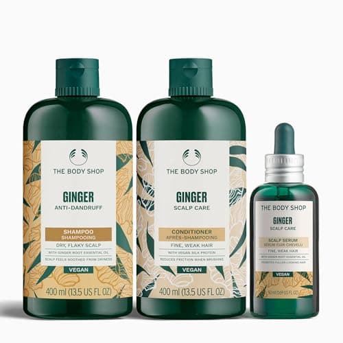 Image of The Body Shop Anti-Dandruff Trio (Large), Ginger Anti-Dandruff Shampoo 400ml, Scalp Care Conditioner 400ml, Scalp Serum 50ml, Clarifying Routine for Dry Itchy Flaky Scalp, Vegan Haircare