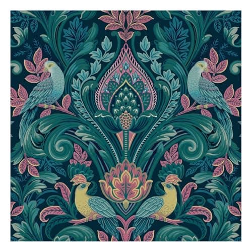 Image of Grandeco Peacock Themed Damask Style Textured Vinyl Bold Coloured Wallpaper in Navy Blue/Pink Perfect for Feature Walls Living Rooms Bedroom Decoration A67801