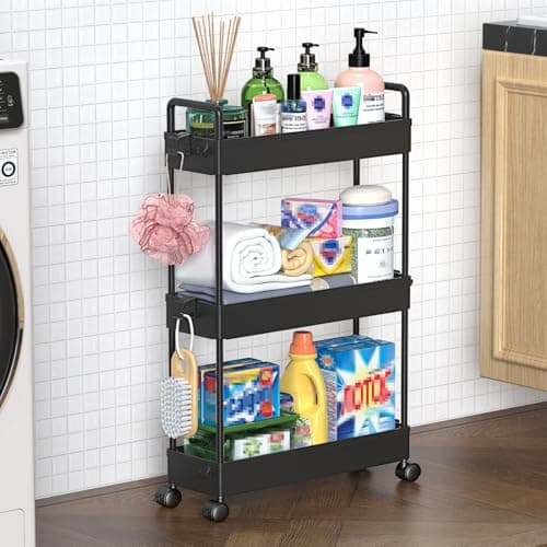 Image of SOLEJAZZ 3-Tier Storage Trolley Cart Slide-out Slim Rolling Utility Cart Mobile Storage Shelving Organizer for Kitchen, Bathroom, Laundry Room, Bedroom, Narrow Places, Plastic, Black