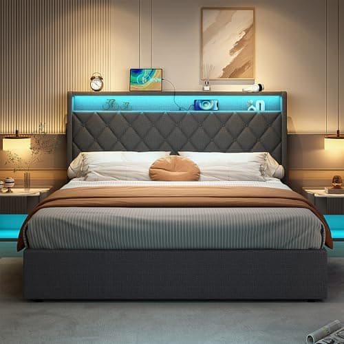 Image of Jovify Upholstered Ottoman Bed, 4ft6 Double Bed Frame with Storage&LED&USB, Gas Lift Up Storage Bed Hydraulic Upholstered Bed with Button Tufted Storage Headboard&Slats, Linen, No Mattress, Grey