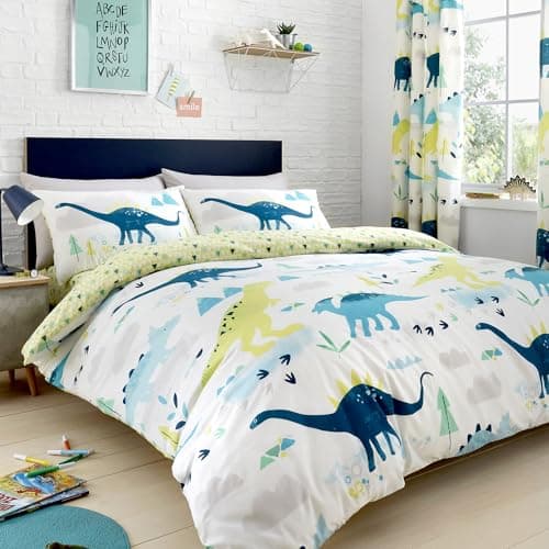 Image of Bedlam Double Duvet Cover – Glow-in-the-Dark Dinosaur Bedding for Kids – Reversible Geometric Triangle Design – Jurassic Bedroom Set in Green – 200 x 200cm Quilt Cover with 2 Pillowcases