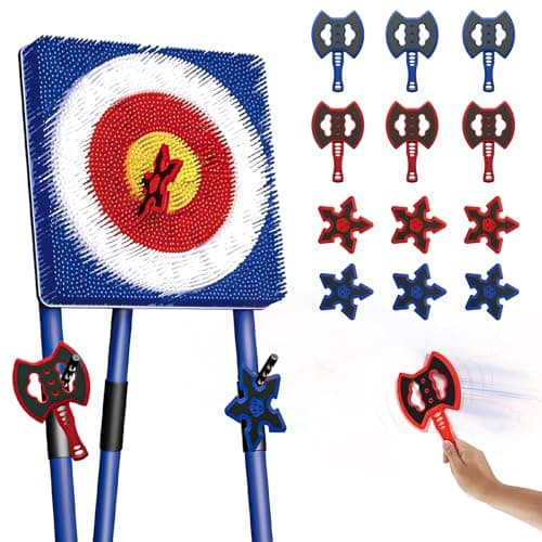 Image of Axe Throwing Game for Backyard - 6 Throwing Axe & 6 Throwing Stars, Foldable Stand,Outdoor/Indoor for Kids & Adults &Families Yard Carnival Games, Blue