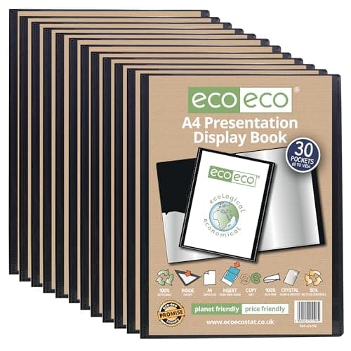 Image of eco-eco A4 Size 50% Recycled 30 Pocket Black Presentation Display Book, Storage Case Portfolio Art Folder with Plastic Sleeves, Pack of 12, eco196x12