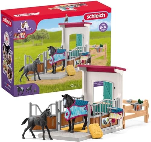 Image of Schleich Horse Club - 34PC Stall Horse Toy Playset with Mare and Foal Figure, Cat Figurine, and Accessories - Stable Extension Set for Girls and Boys - Interactive, Realistic Kids Toys Ages 5+ | 42611