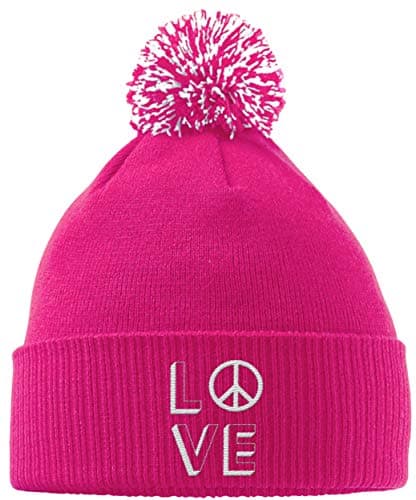 Image of Hippowarehouse Love Peace Embroidered Beanie Hat with Bobble Fuchsia