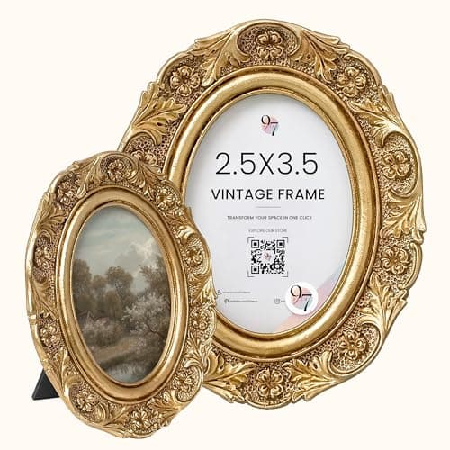 Image of 97 Decor Small Vintage Picture Frames 2.5x3.5 - Oval 2.5 x 3.5 Picture Frames For Wallet Size Pictures, Antique Gold Frame 2.5x3.5 For Tabletop and Wall Mounting, Small Ornate Frame Vintage Wall Decor