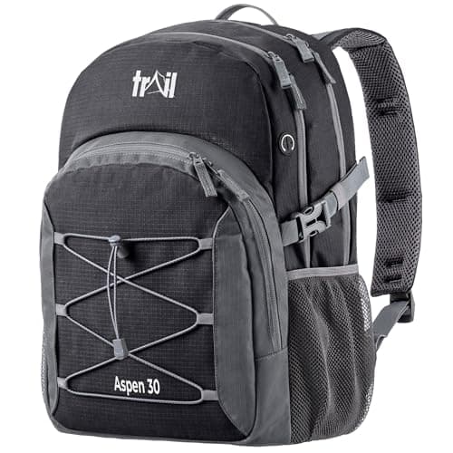 Image of Trail Aspen 30L Day Pack Backpack for School Work Hiking Camping Travelling, Breathable Padded Back & Straps, 3 Zip Compartments, Internal Pockets, Bungee Cords, USB/Headphone Port, Water Resistant
