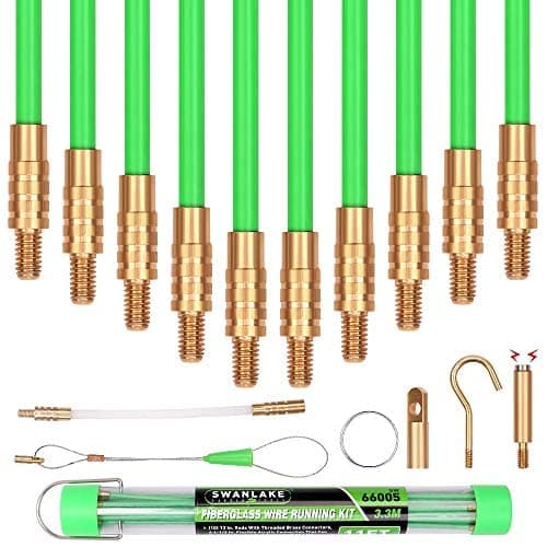 Image of 通用 11ft (3.3m) Fibreglass Electrical Fish Tape Kit - 16 Pieces Including 10 x 330mm Rods with Brass Connectors and Magnetic Tip - Ideal for Running Cable through Walls, Attics, and More