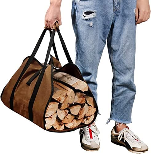 Image of ZONSUSE Firewood Carrier Bag, Log Carrier Bag for Wood, Outdoor Camping Canvas Bags, Log Storage for Fireplaces, Logs Stove Accessories, Water Resistant Tote Bag with Handles for Camping Trip (Brown)